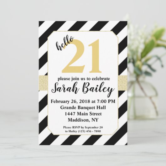 ハローブラックと金ゴールドグリッター誕生日招待状 招待状 (スタンド正面)
