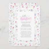 ハローベビーかわいいフローラピンクブルーガールベビーシャワー 招待状 (正面/裏面)