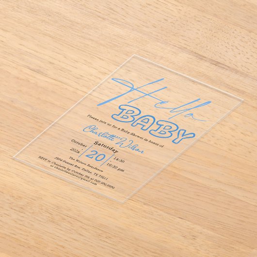 ハローベビーエレガントブルーベビーシャワー アクリル招待状 (レイダウン)