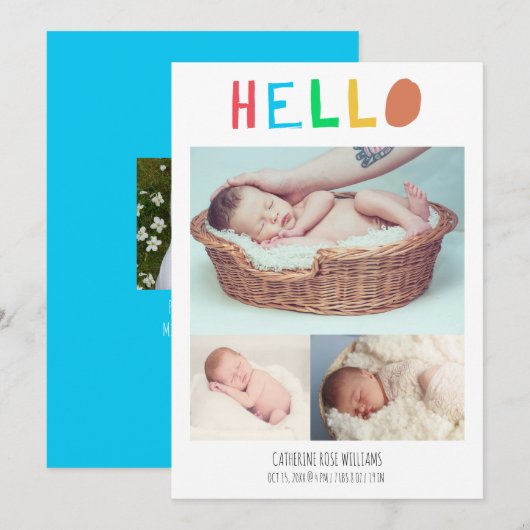 ハローベビーカラフルかわいい4フォトコラージュ生まれたばかりの 案内状 (正面/裏面)