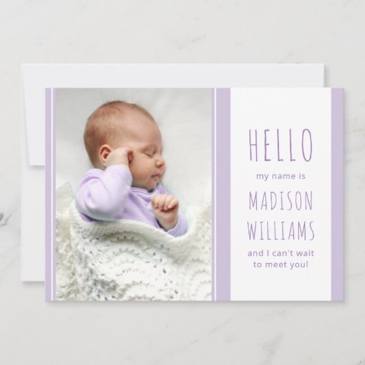 ハローベビーガールフォトスイーツ薄紫誕生 案内状 (正面)