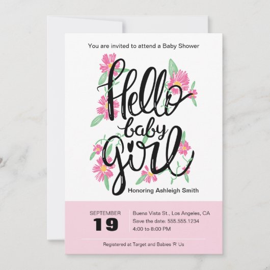 ハローベビーガールモダンフローラベビーシャワー招待状 招待状 (正面)