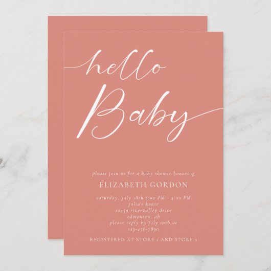 ハローベビーシャワーミニマリストピンクガールボホ 招待状 (正面/裏面)