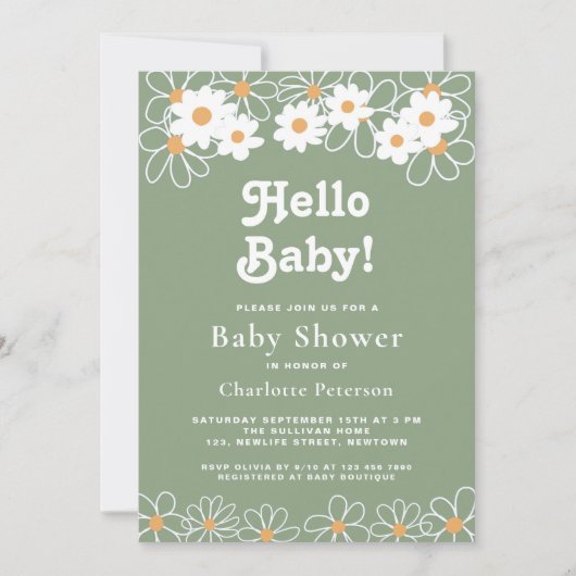 ハローベビージェンダー中立デイジーグリーンベビーシャワー 招待状 (正面)