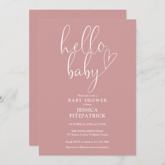 ハローベビースクリプトダスティバラピンクガール赤ちゃんシャワー 招待状 (正面/裏面)