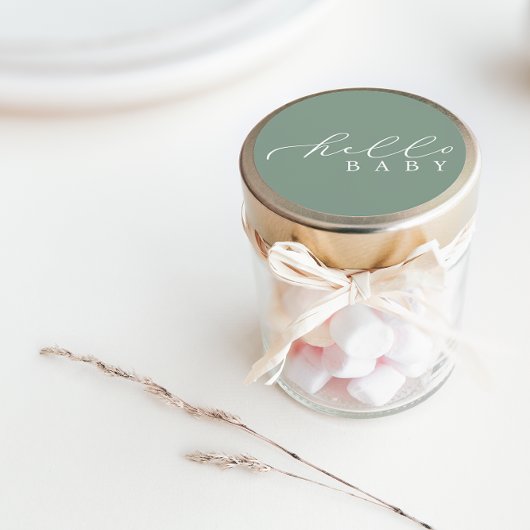 ハローベビーセージのミニマリストのスクリプトベビーシャワー ラウンドシール