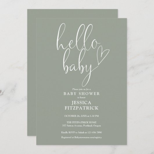 ハローベビーセージ緑男女兼用赤ちゃんシャワー 招待状 (正面/裏面)