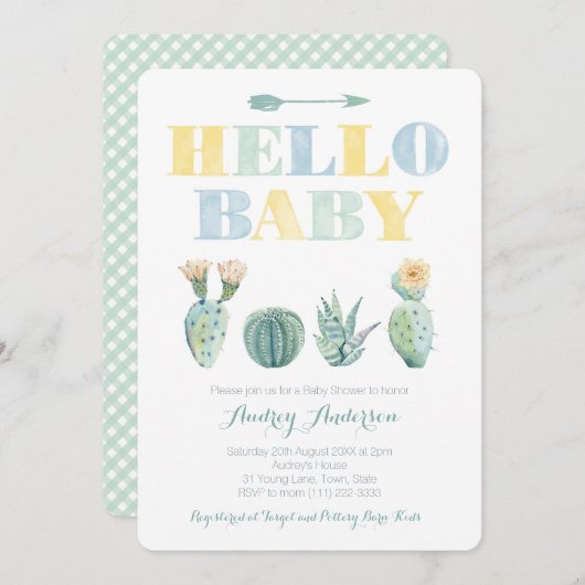 ハローベビーチームグリーンジェンダーレスカクティベイビーシャワー 招待状 (正面/裏面)
