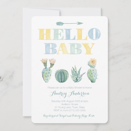 ハローベビーチームグリーンジェンダーレスカクティベイビーシャワー 招待状 (正面)