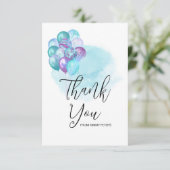 ハローベビーティール（緑がかった色）紫色のバルーン赤ちゃんシャワー サンキューカード (スタンド正面)