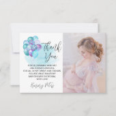 ハローベビーティール（緑がかった色）紫色のバルーン赤ちゃんシャワー サンキューカード (正面)