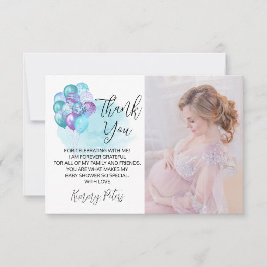 ハローベビーティール(緑がかった色)紫色のバルーン赤ちゃんシャワー サンキューカード (正面)