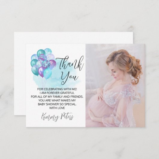 ハローベビーティール（緑がかった色）紫色のバルーン赤ちゃんシャワー サンキューカード (正面/裏面)