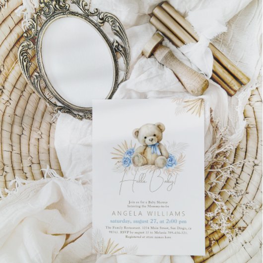 ハローベビーテディベアーボホブルーボーイベビーシャワー 招待状