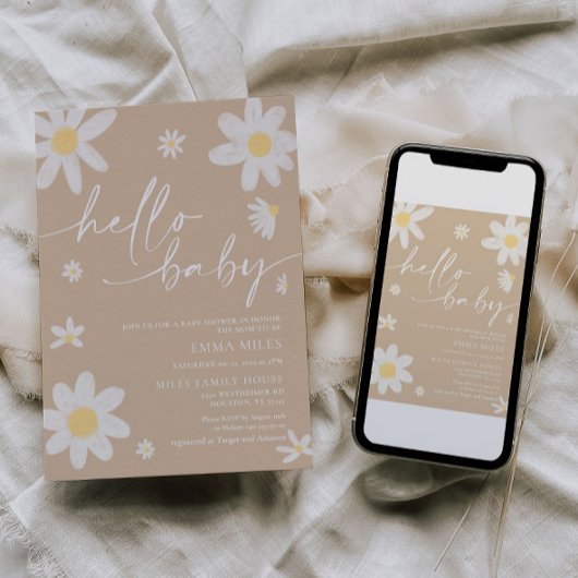 ハローベビーデイジーベージュベビーシャワー招待状 招待状
