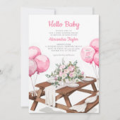 ハローベビーバルーンピクニックパークガールベビーシャワー 招待状 (正面)