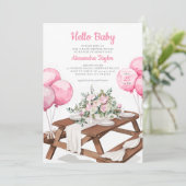 ハローベビーバルーンピクニックパークガールベビーシャワー 招待状 (スタンド正面)