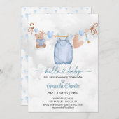 ハローベビーバレンタインのブルーボーイ赤ちゃんシャワー 招待状 (正面/裏面)