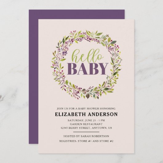 ハローベビーパープルリースベビーシャワー 招待状 (正面/裏面)