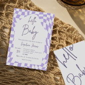 ハローベビーパープル市松模様にジンガム |赤ちゃんシャワー 招待状