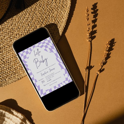 ハローベビーパープル市松模様にジンガム |赤ちゃんシャワー 招待状