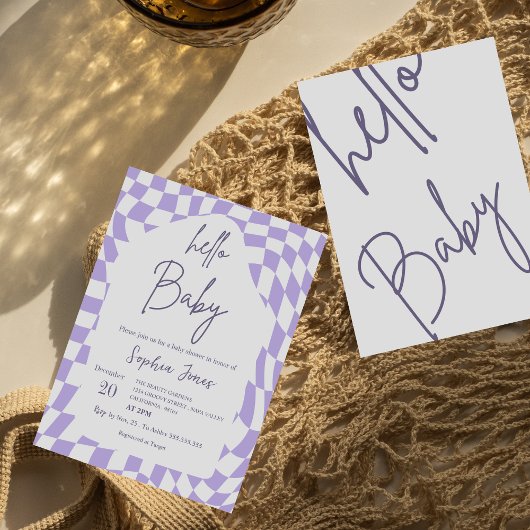 ハローベビーパープル市松模様にジンガム |赤ちゃんシャワー 招待状