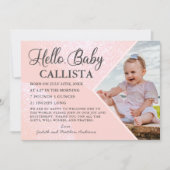 ハローベビーピンクグリッター幾何学的フォト誕生 招待状 (正面)