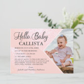 ハローベビーピンクグリッター幾何学的フォト誕生 招待状 (スタンド正面)