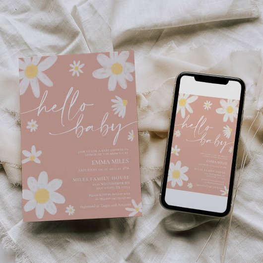 ハローベビーピンクデイジーベビーシャワー招待状 招待状