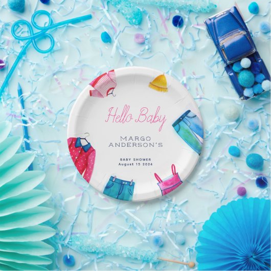 ハローベビーピンクブルー服ベビーシャワー ペーパープレート (パーティー)