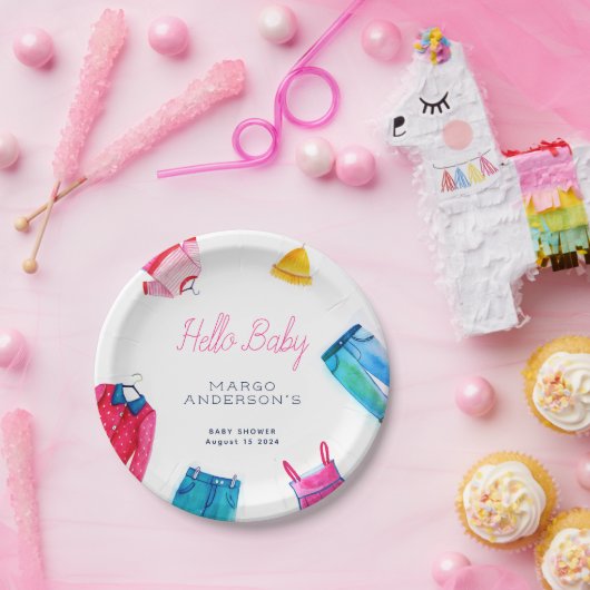 ハローベビーピンクブルー服ベビーシャワー ペーパープレート (パーティー)