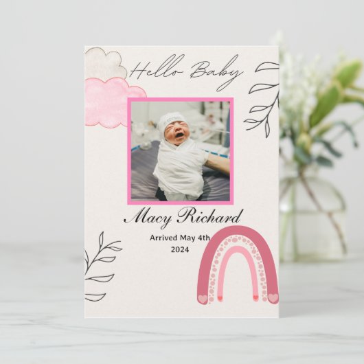 ハローベビーピンクレインボー&クラウド誕生のお知らせ 案内状 (スタンド正面)