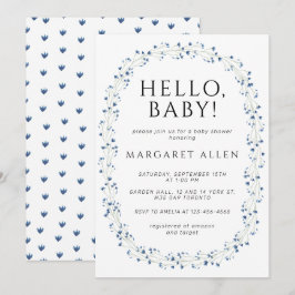 ハローベビーブルーワイルドフラワーボタニカルベビーブシャワー 招待状