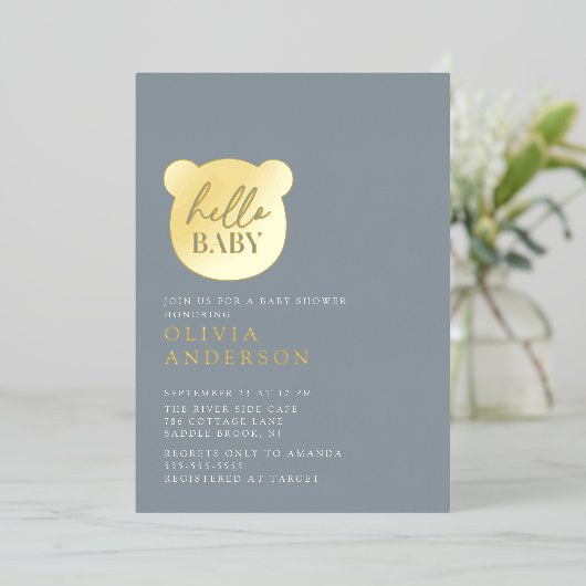 ハローベビーベアーベイビーシャワー 箔招待状 (立ち正面)