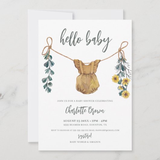 ハローベビーボヘミアン服フォトガールベビーシャワー 招待状 (正面)