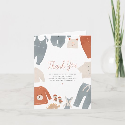 ハローベビーボホ服ボーイベビーシャワーありがとう サンキューカード (正面)