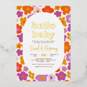 ハローベビーレトロデイジー金ゴールド圧迫赤ちゃんシャワー 箔招待状 (正面)