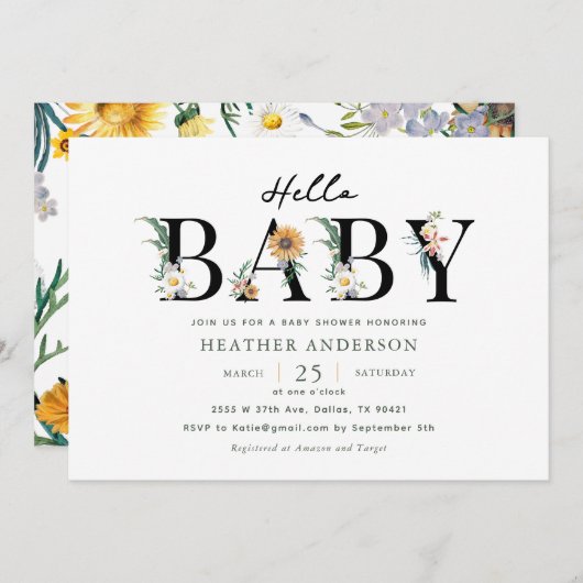 ハローベビーワイルドフラワーガールベビーシャワー招待状 招待状 (正面/裏面)