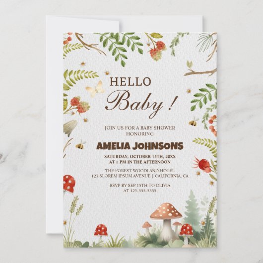 ハローベビー冬のウッドランドキノコの赤ちゃんシャワー 招待状 (正面)