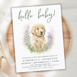 ハローベビー子犬モダンセージ緑ベビーシャワー ポストカード