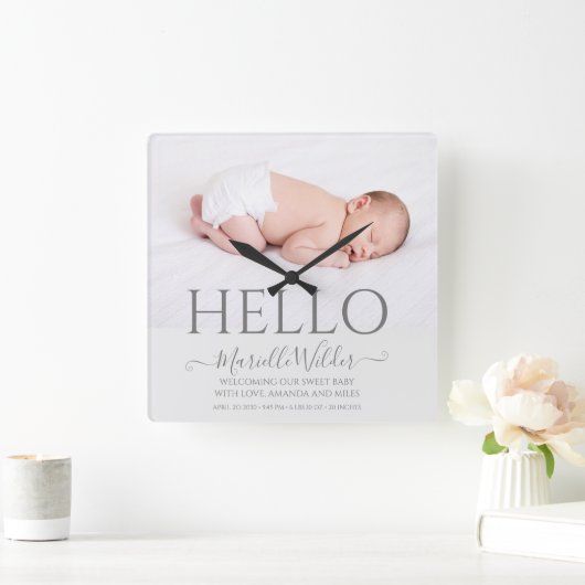 ハローベビー生まれたばかりのフォト誕生 スクエア壁時計 (ホーム)