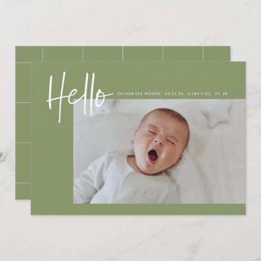 ハローベビー誕生写真発表少年ガールグリーン 案内状 (正面/裏面)