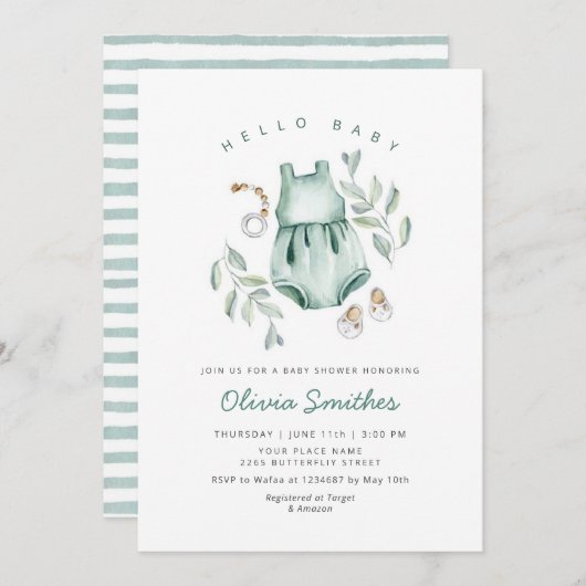 ハローベビー |かわいいボホ服女の子ベビーシャワー 招待状 (正面/裏面)