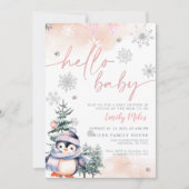 ハローベビー、ウィンターペンギン赤ちゃんシャワーピンク 招待状 (正面)