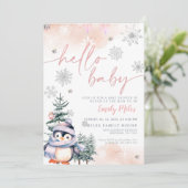ハローベビー、ウィンターペンギン赤ちゃんシャワーピンク 招待状 (スタンド正面)