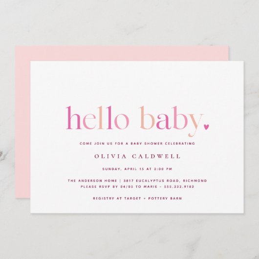 ハローベビー |ハートシンプルピンクガール赤ちゃんシャワー 招待状 (正面/裏面)