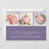 ハローモダンワールドパープルベビーガールフォト誕生 サンキューカード (裏面)