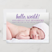 ハローモダンワールドパープルベビーガールフォト誕生 案内状 (正面)