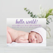 ハローモダンワールドパープルベビーガールフォト誕生 案内状 (スタンド正面)