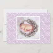 ハローモダンワールドパープルベビーガールフォト誕生 案内状 (裏面)
